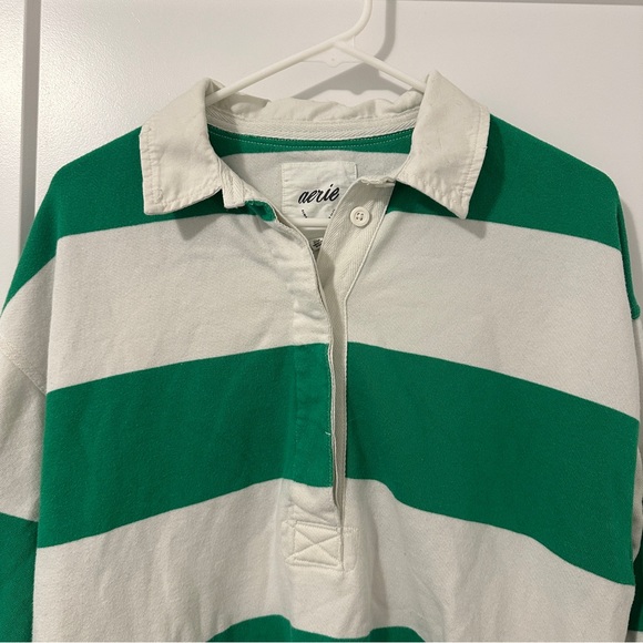 Aerie Green White Stripe Prep Rally Rugby Sweatshirt Oversized Size XS Women’s - Picture 5 of 14